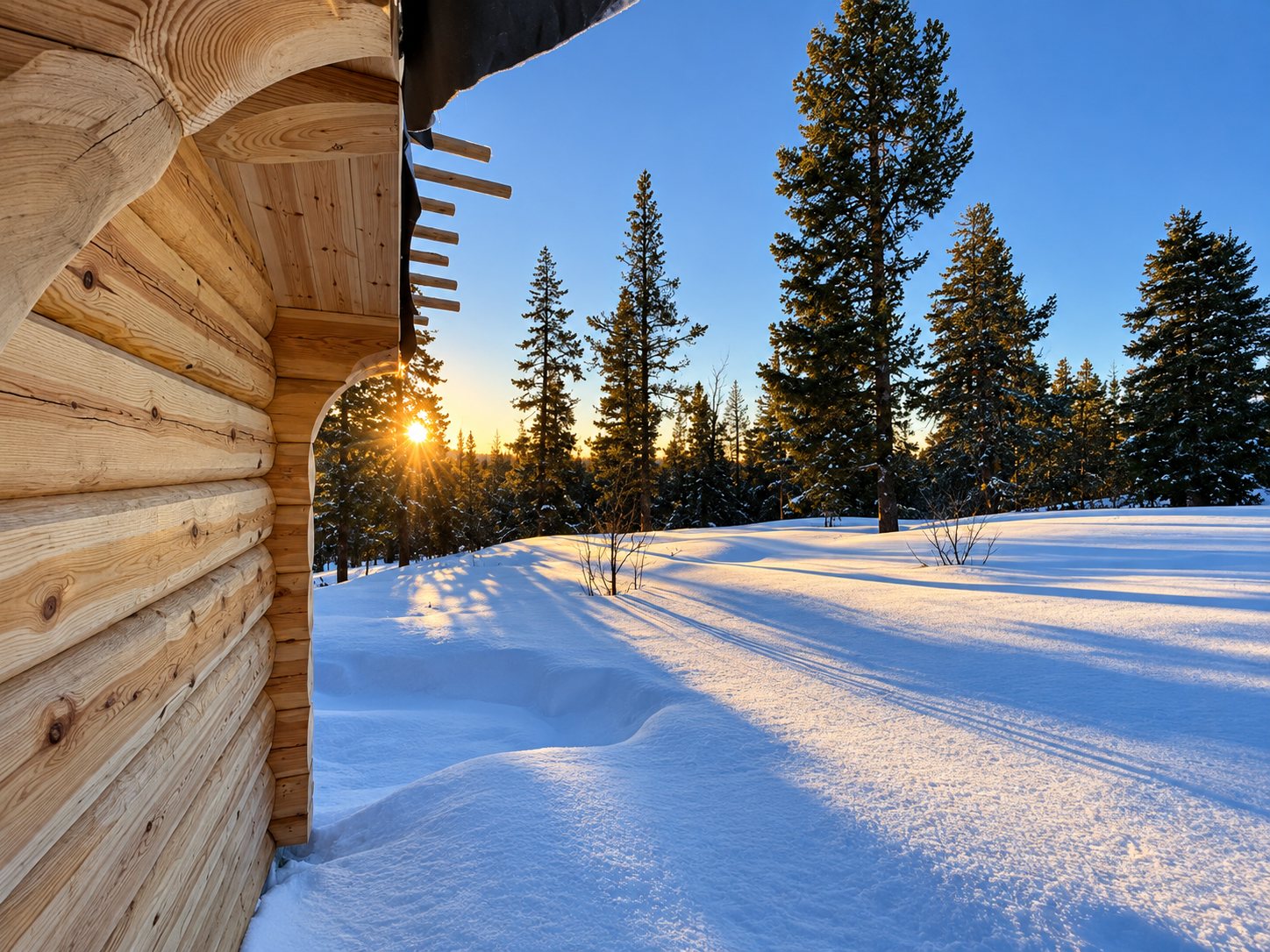 Hjørne av nylaftet bygg i furu, solnedgang over snødekt furuskog